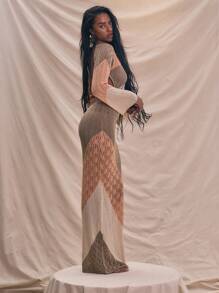 MUSERA Knit Crochet Panel Long Sleeve Open Back Fitted Maxi Dress Spring Summer Holiday - Multicolor - View 2