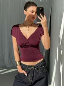 Aloruh 女士深红色 T 恤，性感蕾丝透视后背细节 - 酒紅色 - 查看 6