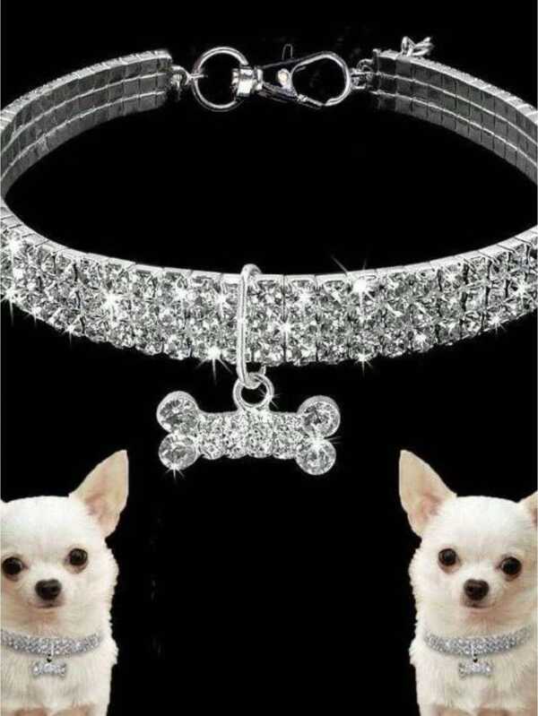 High-Grade Pet Collar, White Necklace For Cats And Dogs With Three Rows Rhinestone Bone Decoration, Suitable For All Seasons