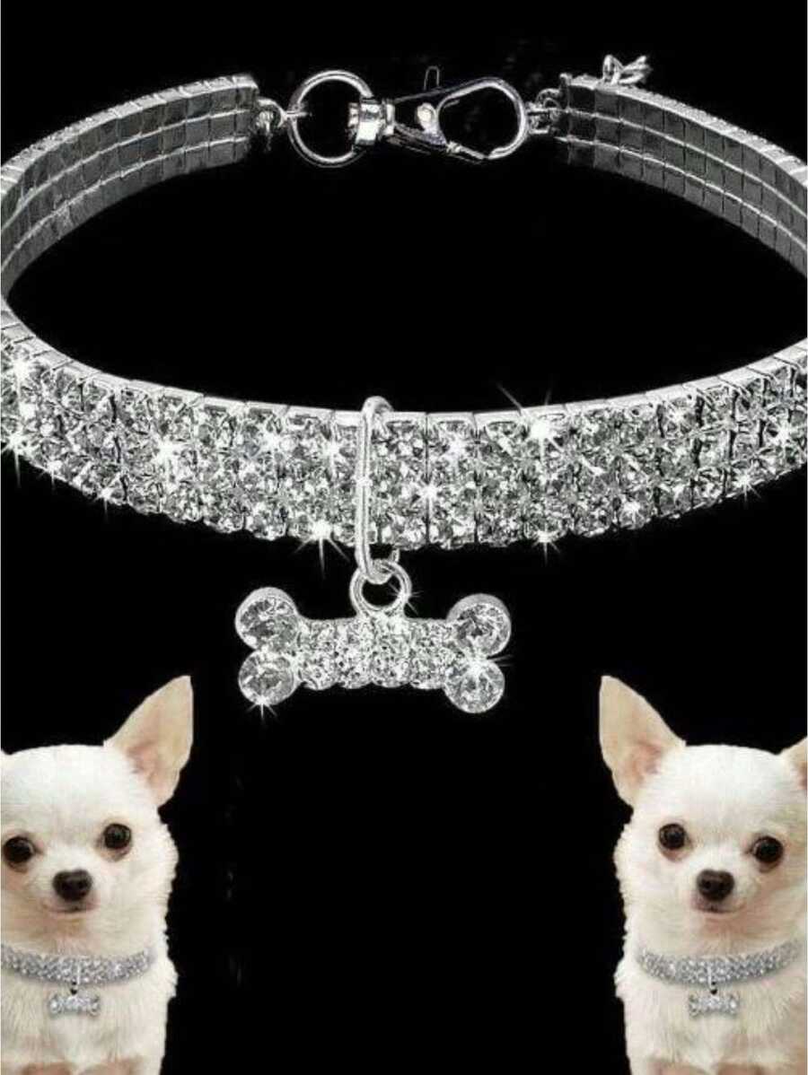 High-Grade Pet Collar, White Necklace For Cats And Dogs With Three Rows Rhinestone Bone Decoration, Suitable For All Seasons - Silver - View 1