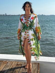 Swim Lushoire Kimono floral ouvert à l'avant, grande taille, décontracté, ample, pour les vacances - Multicolore - Voir 1