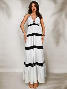 Aloruh Women's Boho Maxi Dress: Sleeveless, Spaghetti Strap, Black And White Striped, Tiered Ruffle Hem, Woven Fabric For A Beachy Summer Vibe - Black and White - View 5