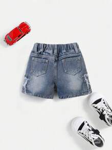 Denimly 幼儿男童时尚休闲户外校园星星拼接松紧腰洗水牛仔短裤 - 中等水洗藍 - 查看 2