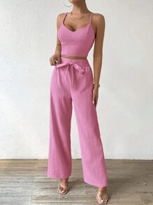 Chiquease Bộ 2 áo ba lỗ dây mảnh cho nữ kèm quần ống đứng co giãn thắt nơ, trang phục đi nghỉ - Màu Hồng baby - Xem 7