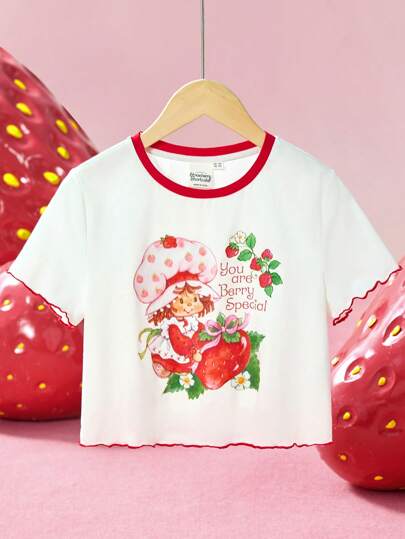 Strawberry Shortcake X SHEIN Tween Girls Y2K 风格可爱草莓姜饼女孩印花拼色短袖 T 恤，休闲甜美，适合春夏季