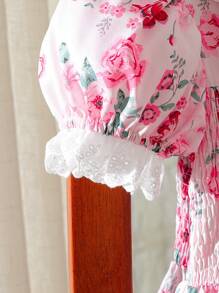 SHEIN Elladie kids 女孩青少年白色蕾丝领短袖花朵印花收腰荷叶边下摆连衣裙 - 彩色 - 查看 4