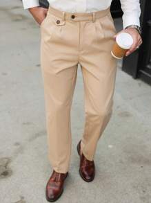 Manfinity Mode Men's Khaki Long Suit Pants With Zipper Detail And Pleated Front - Khaki - View 4