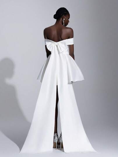 SHEIN Belle Elegant And Gorgeous White Luxurious Satin Handmade Large Bow Decoration Off The Shoulder A-Line Dress With Ribbon Short Style Suitable For Wedding Festival Bridal Dress Formal Occasion Gift-Giving Wedding Dress, For Bride