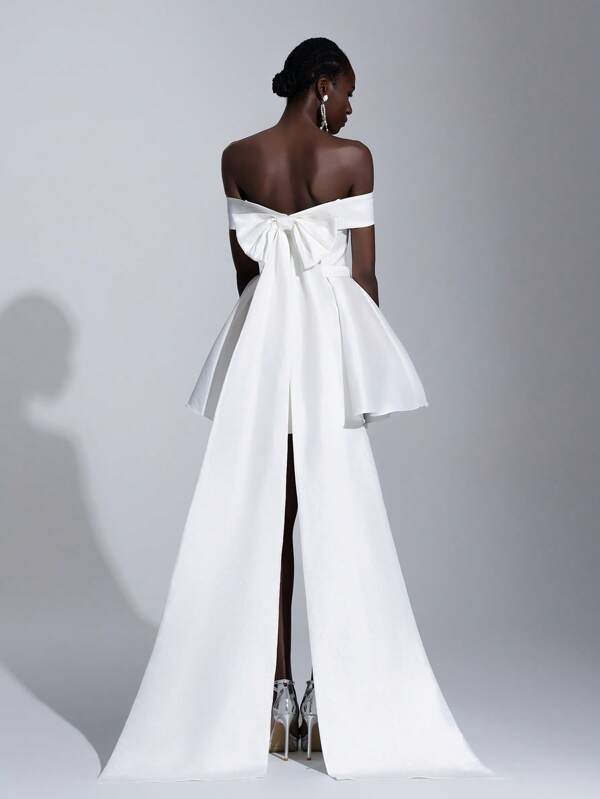SHEIN Belle Elegante y hermoso vestido largo de satén blanco lujoso hecho a mano con lazo grande, estilo línea A con hombros descubiertos, adecuado para boda, festival, vestido de novia, ocasión formal, regalo, para la novia