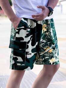 Shorts casuales y cómodos para niños preadolescentes con estilo callejero, de punto suelto con estampado de camuflaje y hoja marchita, aptos para la escuela, el jardín, la playa y cumpleaños en primavera/verano