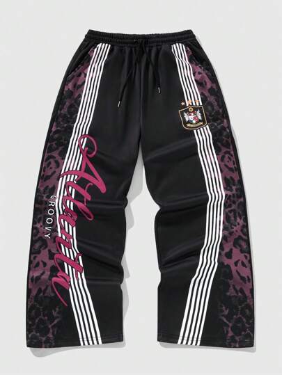 Anime Herren Buchstaben & Leopard Muster Jogginghose mit Kordelzug Taille, weit geschnitten