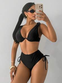 Swim SXY 2pcs Women Knitted Solid Color Black Thick Strap Push Up Bikini Top And High Waisted Drawstring Swimwear Bottom