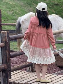 DAZY Mid-Length A-Line Lace Patchwork Solid Color Princess Round Neck Long Sleeve Tween Girl Dress - Red - View 3