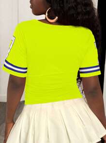 BamGleam Women's Sports Strap & Numeric Print V-Neck Short Sleeve T-Shirt