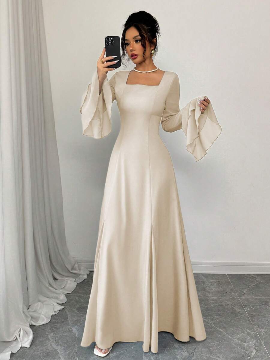 Rafferiza Blue Square Neck Layered Ruffle Sleeve Dress For Women Fall Cloth For Women - Apricot - View 1