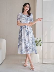 DAZY 女式纹理荷叶边袖 A 字中长连衣裙 - 藍色 - 查看 6