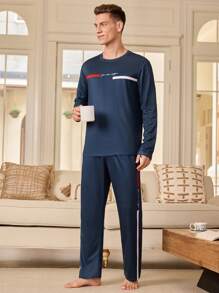 Manfinity Underwear&Sleepwear Basics Men's Long Sleeve Round Neck T-Shirt And Long Pants Pajama Set