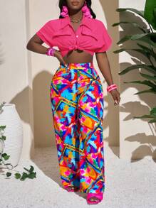 Slaydiva Summer Holiday Loose Short Sleeve Shirt With Collar And Front Pocket, Button Closure And Straight Leg Jumpsuit Set - Hot Pink - View 6