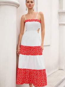 Aveloria Rosie 优雅别致度假拼色碎花细肩带露背荷叶边拼接 A 字长裙女式波西米亚风度假时尚风格夏季春秋季 - 彩色 - 查看 4