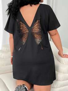 SHEIN EZwear Butterfly Hollow Out Embroidered Casual Plus Size Women Dress - Black - View 1
