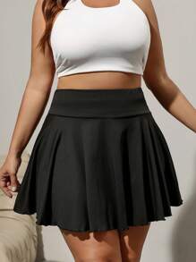 SHEIN Privé Plus Size Women's Pocket Ruffle Mini Skirt/Shorts, Running Wear KO RT, Black Culottes; Slim Short Mini Umbrella Hem High Elastic Yoga Pants; Simple Bottoms For Graduation Season; Sports Bottoms; Versatile Black Bottoms Women Skirts Women Skort Skorts For Women Women Skort Skorts For Women Plus - Black - View 4