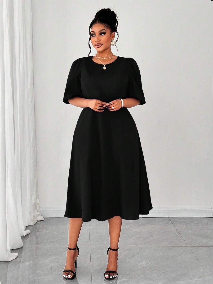 Maweii Plus Size Women's Puff Sleeve Woven Dress - Black - View 1