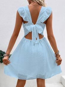 Chiquease Women's V-Neck Contrast Lace Short Dress With Cap Sleeves - Blue - View 2