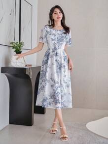 DAZY 女式纹理荷叶边袖 A 字中长连衣裙 - 藍色 - 查看 5