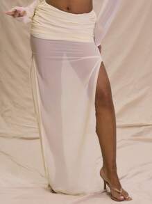 MUSERA Chiffon Ruched Split Thigh Maxi Skirt Summer Vacation  Party - Khaki - View 2