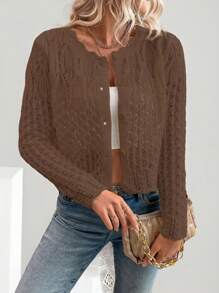 EMERY ROSE Women's Round Neck Hollow Front Button Cardigan Knitted Sweater Jacket, Autumn/Winter Fall Cloth For Women - Coffee Brown - View 6