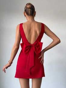 SHEIN Tall CURVE 大码优雅纯色露背蝴蝶结装饰无袖迷你连衣裙，夏季 - 紅色 - 查看 6