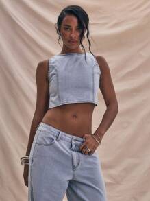 MUSERA Washed Denim Seam Detail Cropped Sleeveless Top Summer Cute Chic Spring - Light Wash - View 1