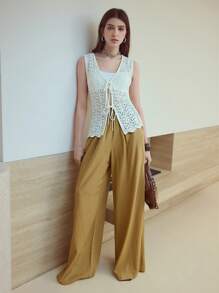 MOTF STUDIO 亚麻松紧腰阔腿裤 - 卡其色 - 查看 5