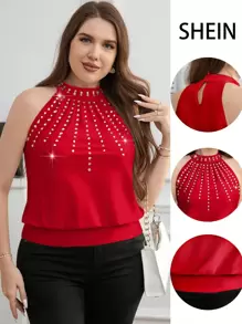 Reflora Plus Size Sleeveless Zipper Decorated Casual Top, Suitable For Vacation - Red - View 3