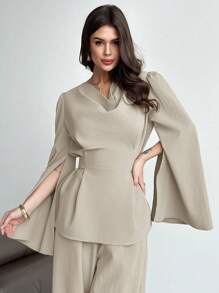 Firerie 2 件女式秋冬系带长袖衬衫上衣和美人鱼下摆裙子套装，开衩长袖衬衫套装，鱼尾长裙套装，优雅/通勤/休闲/商务/度假/职业装 - 杏色 - 查看 5