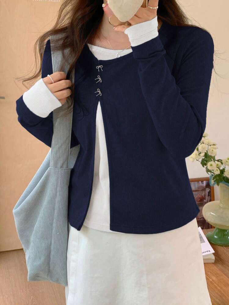 Women's Color Block Long Sleeve 2 In 1 Oblique Placket Crew Neck Butterfly Print T-Shirt,Fall Clothes