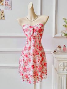 INAWLY Women's Floral Print Front Knot Bandeau Short Dress, Vacation Wear - Pink - View 3