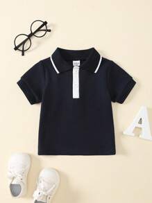 SHEIN Boys' Solid Color Polo Collar Turndown Collar T-Shirt, Academic Style Outdoor New Versatile Short Sleeve Regular Boys Top, Spring/Summer - Multicolor - View 4