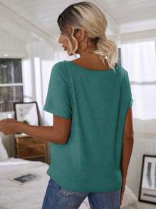 EMERY ROSE Women's Solid Color Asymmetric Neck Casual Short Sleeve T-Shirt - Cadet Blue - View 2