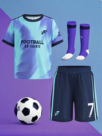 SHEIN Young Boys Football Sports Set, Summer Children Mesh Elastic Quick-Dry Contrast Color Round Neck Short Sleeve T-Shirt And Shorts, Comfortable Breathable Sportswear With Letter Print Pattern, Suitable For Outdoor Activities, Running, Daily Wear