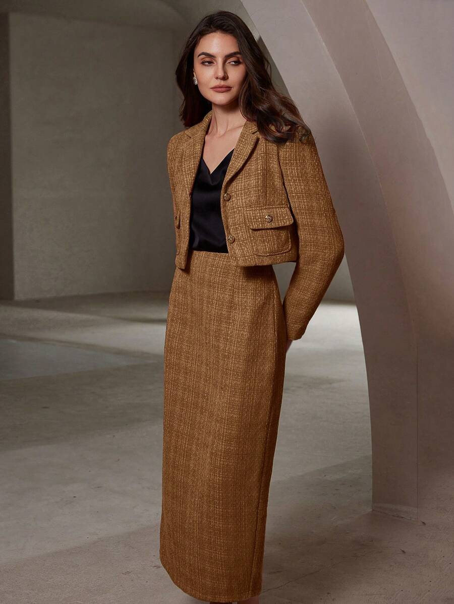 Aveloria Modichic 2pcs French Chic Tweed Notch Collar Jacket And Mini Skirt Set For Women, Autumn Holiday Party Clothes  Fall Cloth For Women