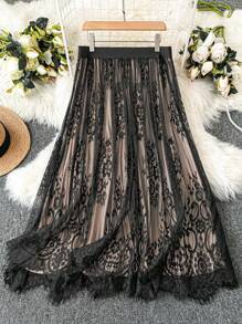 Rometta Exquisite & Elegant  Plus Size Women Boho Floral Lace Skirt, Elegant, For Summer - Black - View 2