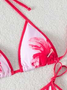 SHEIN Swim بيكيني للنساء قطعتين لملابس الشاطئ، ملابس علوية كشكشة ذات ظهر مكشوف ، وأسفل مربوط الجوانب، طباعة صيفية للعطلات والشواطئ - متعدد الألوان - مشاهدة 8