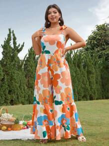 SHEIN Clasi Combinaison grande taille à imprimé floral, épaules nouées avec jambe ample, pour les vacances - Multicolore - Voir 5
