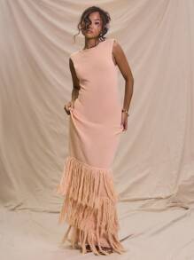 MUSERA 无袖罗纹长款毛衣连衣裙，荷叶边毛边下摆细节，适合夏季度假、婚礼、毕业典礼、舞会、生日等场合，优雅百搭，适合秋季夜晚外出、秋冬季日常穿着。 - 粉色 - 查看 4