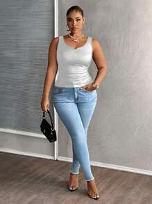 Slaydiva Plus Size Casual All-Match Black Faux Leather Cami Top With Deep U-Neck And Racerback - Silver - View 6