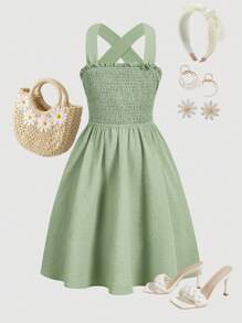 SHEIN Girlism Vestido sin mangas con tirantes cruzados, gran lazo decorativo y espalda abierta para niña preadolescente - Verde - Ver 2