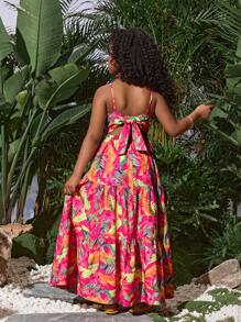 SLAYR Tween Girl Tropical Floral Green Leaf Beach Vacation Patchwork Sleeveless Backless Bow Maxi Dress Mommy And Me Matching Outfits - Hot Pink - View 2