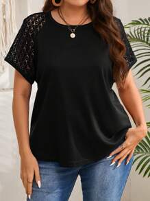 EMERY ROSE 大码女式早春短袖酒红色蕾丝拼布 T 恤