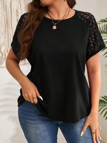 EMERY ROSE 大码女式早春短袖酒红色蕾丝拼布 T 恤